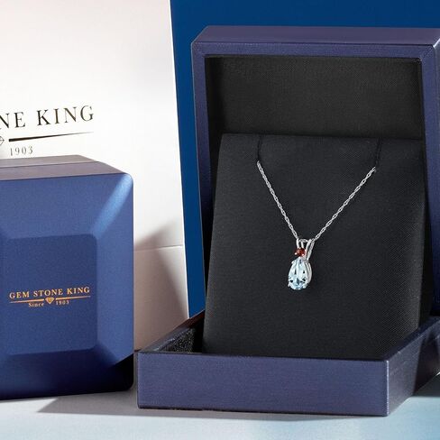 Gem Stone King 14K White Gold Sky Blue Aquamarine and Red Garnet Pendant Necklace for Women | 1.20 Cttw | Gemstone March Birthstone | Pear Shape 9X6MM | With 18 Inch Chain in Kuwait