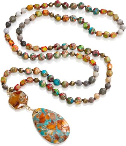 Gmai Boho Necklace for Women Long Beaded Pendant Necklace Natural Stone Teardrop pendant Jewelry Festival Vacation Gift Everyday Handmade Unique Statement Necklace in Saudi Arabia