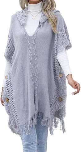 KEOMUD Women's Fringe Poncho Sweaters with Hood Trendy Knit Shawls Wraps Pullover Tops Outfits for Fall Winter in Saudi Arabia
