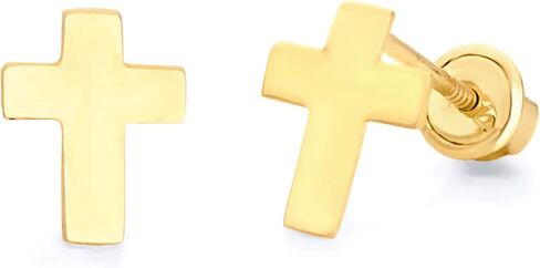 Wellingsale 14K Yellow Gold Polished Cross Stud Earrings With Screw Back in Kuwait