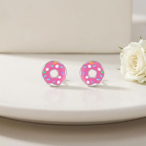 Donut Earrings 18K White Gold Plated Pink Donut Stud Earring Christmas Birthday Gifts for Women in Kuwait