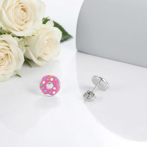 Donut Earrings 18K White Gold Plated Pink Donut Stud Earring Christmas Birthday Gifts for Women in Kuwait