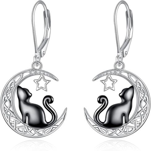Cat Earrings 925 Sterling Silver Black Cat Earring with Moon Jewelry Birthday Gifts for Women in Saudi Arabia