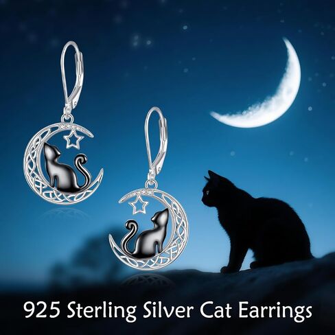 Cat Earrings 925 Sterling Silver Black Cat Earring with Moon Jewelry Birthday Gifts for Women in Saudi Arabia