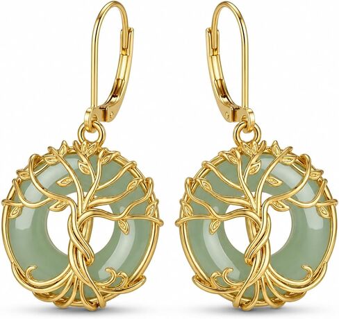 KiiKii 18K Gold Plated Tree of Life & Lotus Flower Drop Earrings for Women, Green Gemstone Donut Dangle Earrings, White Gold Plated Spiritual Zen Jewelry, Healing Stone Peace Buckle Earrings Gift for Her in Saudi Arabia