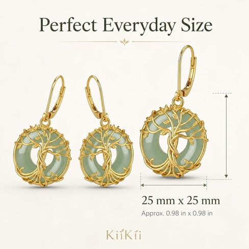 KiiKii 18K Gold Plated Tree of Life & Lotus Flower Drop Earrings for Women, Green Gemstone Donut Dangle Earrings, White Gold Plated Spiritual Zen Jewelry, Healing Stone Peace Buckle Earrings Gift for Her in Saudi Arabia
