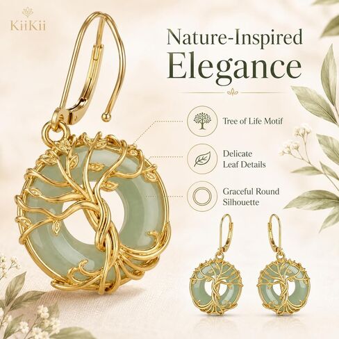 KiiKii 18K Gold Plated Tree of Life & Lotus Flower Drop Earrings for Women, Green Gemstone Donut Dangle Earrings, White Gold Plated Spiritual Zen Jewelry, Healing Stone Peace Buckle Earrings Gift for Her in Saudi Arabia