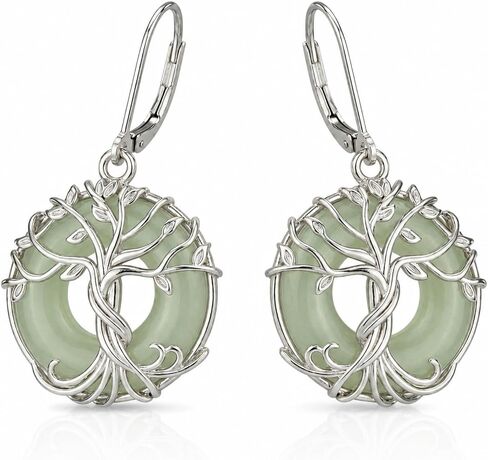 KiiKii 18K Gold Plated Tree of Life & Lotus Flower Drop Earrings for Women, Green Gemstone Donut Dangle Earrings, White Gold Plated Spiritual Zen Jewelry, Healing Stone Peace Buckle Earrings Gift for Her in Saudi Arabia