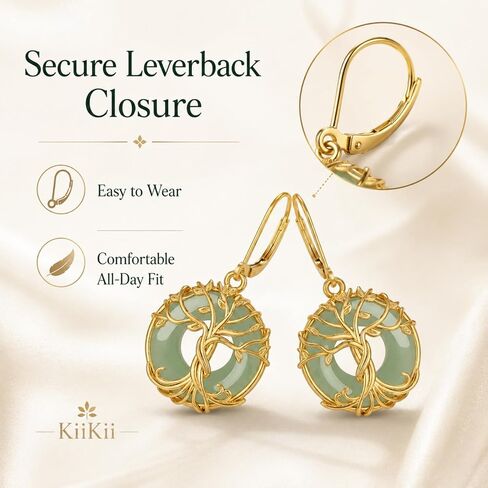KiiKii 18K Gold Plated Tree of Life & Lotus Flower Drop Earrings for Women, Green Gemstone Donut Dangle Earrings, White Gold Plated Spiritual Zen Jewelry, Healing Stone Peace Buckle Earrings Gift for Her in Saudi Arabia