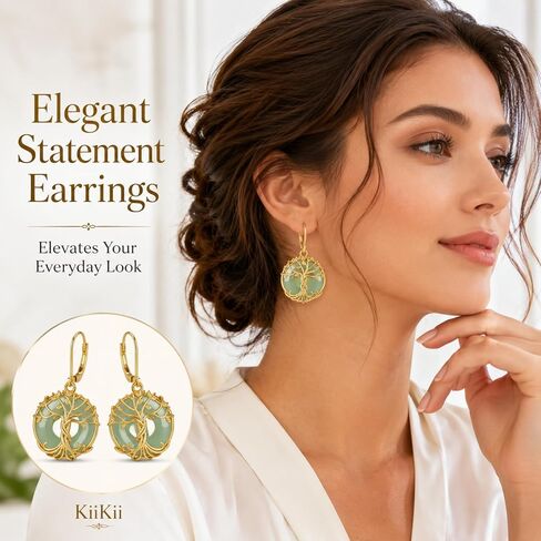 KiiKii 18K Gold Plated Tree of Life & Lotus Flower Drop Earrings for Women, Green Gemstone Donut Dangle Earrings, White Gold Plated Spiritual Zen Jewelry, Healing Stone Peace Buckle Earrings Gift for Her in Saudi Arabia