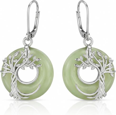 KiiKii 18K Gold Plated Tree of Life & Lotus Flower Drop Earrings for Women, Green Gemstone Donut Dangle Earrings, White Gold Plated Spiritual Zen Jewelry, Healing Stone Peace Buckle Earrings Gift for Her in Saudi Arabia