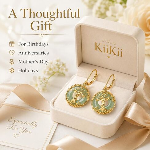 KiiKii 18K Gold Plated Tree of Life & Lotus Flower Drop Earrings for Women, Green Gemstone Donut Dangle Earrings, White Gold Plated Spiritual Zen Jewelry, Healing Stone Peace Buckle Earrings Gift for Her in Saudi Arabia