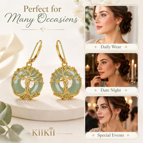 KiiKii 18K Gold Plated Tree of Life & Lotus Flower Drop Earrings for Women, Green Gemstone Donut Dangle Earrings, White Gold Plated Spiritual Zen Jewelry, Healing Stone Peace Buckle Earrings Gift for Her in Saudi Arabia