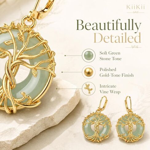 KiiKii 18K Gold Plated Tree of Life & Lotus Flower Drop Earrings for Women, Green Gemstone Donut Dangle Earrings, White Gold Plated Spiritual Zen Jewelry, Healing Stone Peace Buckle Earrings Gift for Her in Saudi Arabia