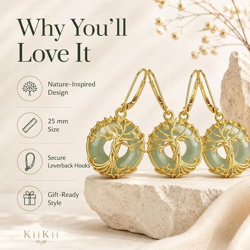 KiiKii 18K Gold Plated Tree of Life & Lotus Flower Drop Earrings for Women, Green Gemstone Donut Dangle Earrings, White Gold Plated Spiritual Zen Jewelry, Healing Stone Peace Buckle Earrings Gift for Her in Saudi Arabia