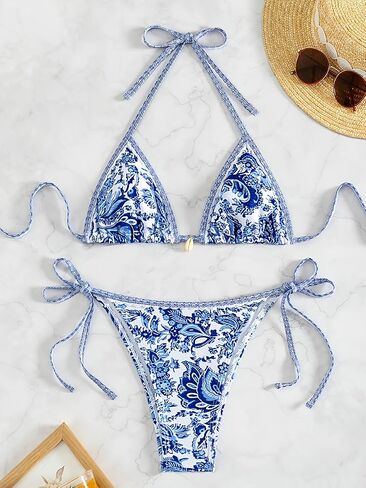 2PCS Women's Triangle Halter Bikini Set Blue & White Floral Print Tie Side Swimsuit for Beach Vacation Pool (Blue M) in Kuwait