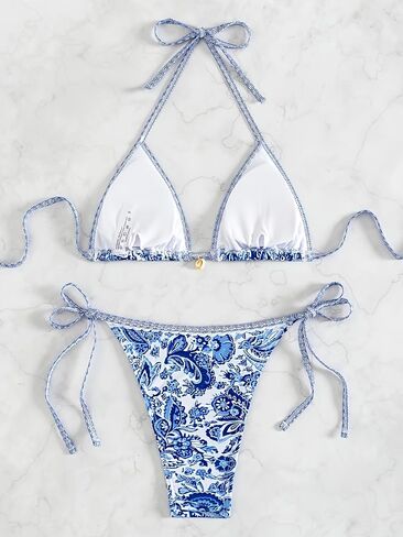 2PCS Women's Triangle Halter Bikini Set Blue & White Floral Print Tie Side Swimsuit for Beach Vacation Pool (Blue M) in Kuwait