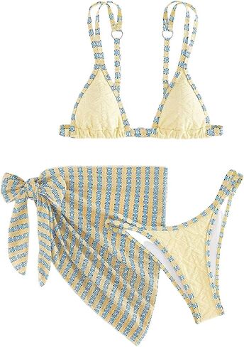 SweatyRocks Women's 3 Piece Swimsuits Contrast Binding Thong Bikini Sets with Cover Up in Kuwait