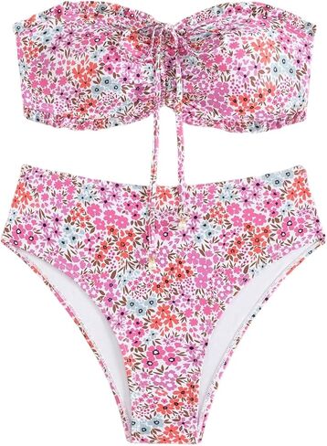 SHENHE Women's Bandeau Bikini Set High Waisted Strapless Ruffle Ruched Floral Tube Swimsuits in Kuwait