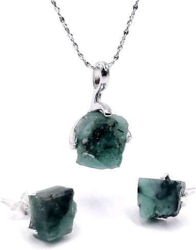 Natural raw emerald jewelry set, with 925 sterling silver and white gold plated chain pendant and stud post, May birthstone dainty necklace gift for her, uniquelan jewelry in Saudi Arabia
