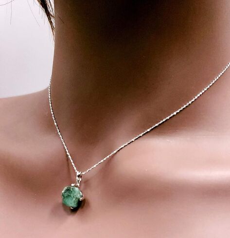 Natural raw emerald jewelry set, with 925 sterling silver and white gold plated chain pendant and stud post, May birthstone dainty necklace gift for her, uniquelan jewelry in Saudi Arabia