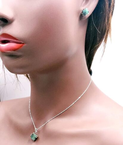 Natural raw emerald jewelry set, with 925 sterling silver and white gold plated chain pendant and stud post, May birthstone dainty necklace gift for her, uniquelan jewelry in Saudi Arabia