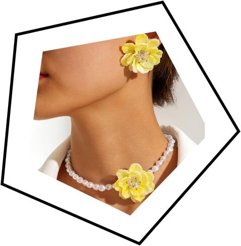 Large Flower Necklace Earrings Set for Women Camellia Pearl Choker Necklace Earring Set Boho Colorful Flower Statement Necklace Earrings Set Wedding Party Holiday Jewelry in Saudi Arabia