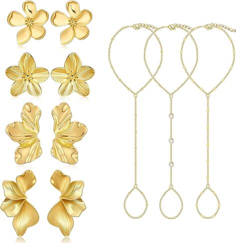 3PCS Gold Hand Chain Bracelets and 4 Pairs Flower Earrings for Women, Stack Bracelets Set Adjustable, Trendy Dainty Ring Bracelet Hand Chain in Saudi Arabia