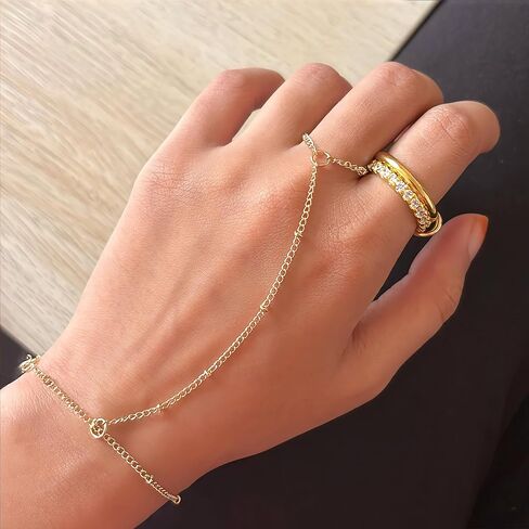 3PCS Gold Hand Chain Bracelets and 4 Pairs Flower Earrings for Women, Stack Bracelets Set Adjustable, Trendy Dainty Ring Bracelet Hand Chain in Saudi Arabia