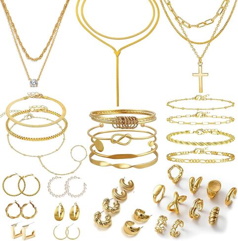 Gold Jewelry Set for Women Gold Plated Chunky Layered Necklace Chain Bracelet Stackable Ring Hoop Earrings Jewelry Accessories Gifts in Saudi Arabia