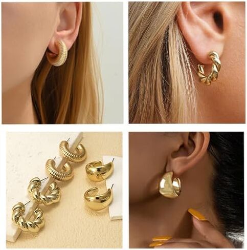 Gold Jewelry Set for Women Gold Plated Chunky Layered Necklace Chain Bracelet Stackable Ring Hoop Earrings Jewelry Accessories Gifts in Saudi Arabia