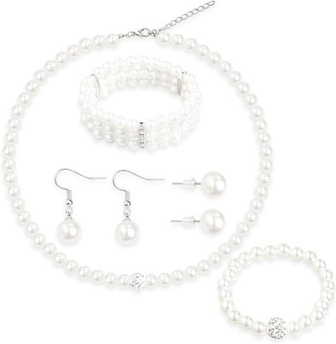 5Pcs Faux Pearl Jewelry Set for Women Adult Pearls Costume Jewelry Simulated Rhinestone Necklace Earrings Bracelet Set for Wedding Mother's Day Bridal Shower Party Accessories in Saudi Arabia