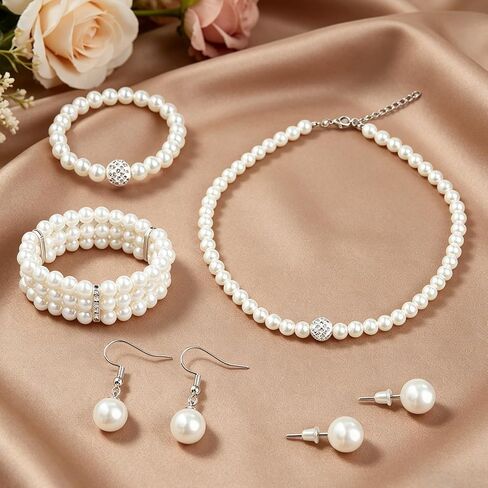 5Pcs Faux Pearl Jewelry Set for Women Adult Pearls Costume Jewelry Simulated Rhinestone Necklace Earrings Bracelet Set for Wedding Mother's Day Bridal Shower Party Accessories in Saudi Arabia