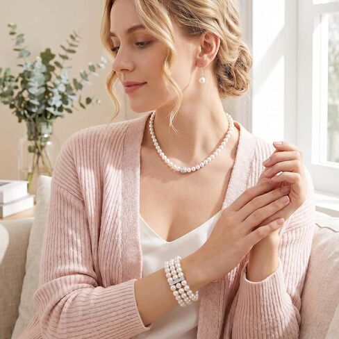5Pcs Faux Pearl Jewelry Set for Women Adult Pearls Costume Jewelry Simulated Rhinestone Necklace Earrings Bracelet Set for Wedding Mother's Day Bridal Shower Party Accessories in Saudi Arabia