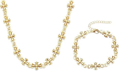 Cross Necklace Bracelet Set for Women and Men | 18K Gold Plated Goth Punk Link Choker Bracelet | Religious Jewelry for Her in Saudi Arabia