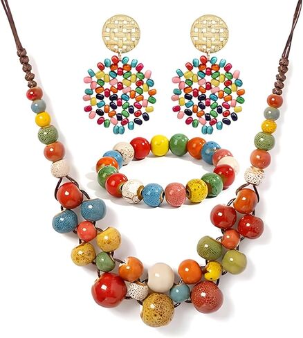 3 Pcs Hippie Boho Colorful Ceramic Beaded Necklace Bracelet and Earrings Set for Women Bohemian Adjustable Chunky Round Beads Strand Statement Necklace Fashion Summer Colorful Beaded Earrings Jewelry Gift in Saudi Arabia