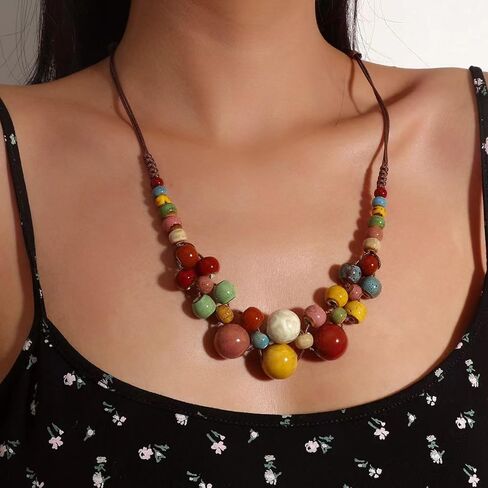 3 Pcs Hippie Boho Colorful Ceramic Beaded Necklace Bracelet and Earrings Set for Women Bohemian Adjustable Chunky Round Beads Strand Statement Necklace Fashion Summer Colorful Beaded Earrings Jewelry Gift in Saudi Arabia