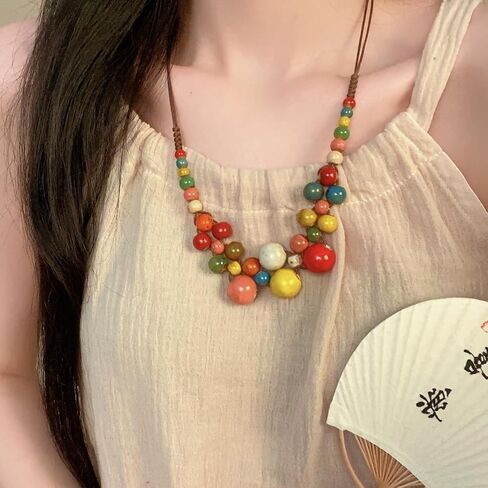 3 Pcs Hippie Boho Colorful Ceramic Beaded Necklace Bracelet and Earrings Set for Women Bohemian Adjustable Chunky Round Beads Strand Statement Necklace Fashion Summer Colorful Beaded Earrings Jewelry Gift in Saudi Arabia