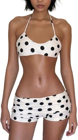 Womens Polka Dot Bikini Sets Triangle Halter Crop Top Boyshort Bottom Two Piece Swimsuit Y2K Sexy Summer Swimwear in Kuwait