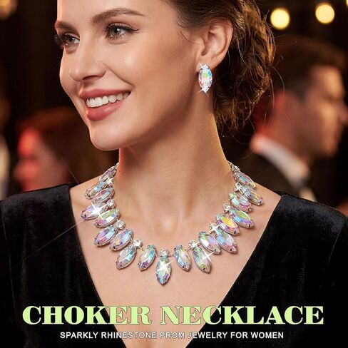 JEAIRTS Rhinestone Choker Necklace and Earrings Set Silver Crystal Statement Prom Wedding Bridal Jewelry Sets for Women in Kuwait