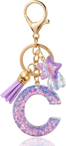 Resin Alphabet Initial Letter Keychain with Star Pendant and Tassel - Cute Bag Charm for Women and Girls in Saudi Arabia