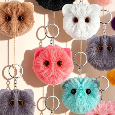 24 Pack Cat Plush Keychains Bulk - 8 Colors Fluffy Pom Pom Bag Charms with Metal Key Ring Cute Stuffed Animal Cat Keyrings for Handbags Backpacks Gifts for Women Girls Cat Lovers in Saudi Arabia