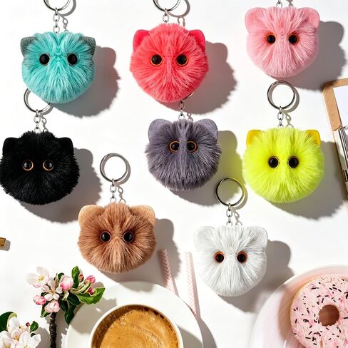 24 Pack Cat Plush Keychains Bulk - 8 Colors Fluffy Pom Pom Bag Charms with Metal Key Ring Cute Stuffed Animal Cat Keyrings for Handbags Backpacks Gifts for Women Girls Cat Lovers in Saudi Arabia