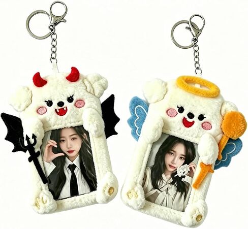Photocard Holder, 2 Pack Angel & Devil Puppy Pair, Plush Photo Card Keychain, Clear Protective Sleeve, 3 Inch Size, Dual Hanging Clasps for Kpop Fans Backpack Charm Gift Concert in Saudi Arabia