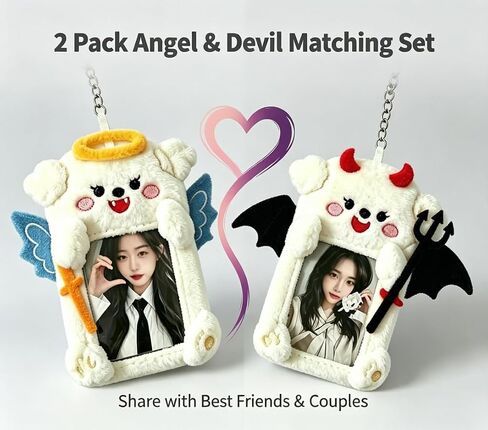 Photocard Holder, 2 Pack Angel & Devil Puppy Pair, Plush Photo Card Keychain, Clear Protective Sleeve, 3 Inch Size, Dual Hanging Clasps for Kpop Fans Backpack Charm Gift Concert in Saudi Arabia