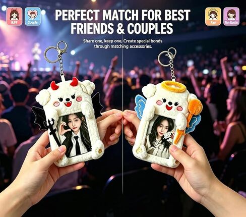 Photocard Holder, 2 Pack Angel & Devil Puppy Pair, Plush Photo Card Keychain, Clear Protective Sleeve, 3 Inch Size, Dual Hanging Clasps for Kpop Fans Backpack Charm Gift Concert in Saudi Arabia