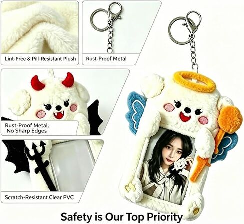 Photocard Holder, 2 Pack Angel & Devil Puppy Pair, Plush Photo Card Keychain, Clear Protective Sleeve, 3 Inch Size, Dual Hanging Clasps for Kpop Fans Backpack Charm Gift Concert in Saudi Arabia