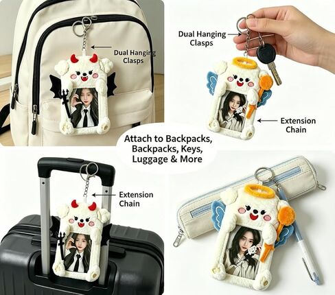 Photocard Holder, 2 Pack Angel & Devil Puppy Pair, Plush Photo Card Keychain, Clear Protective Sleeve, 3 Inch Size, Dual Hanging Clasps for Kpop Fans Backpack Charm Gift Concert in Saudi Arabia