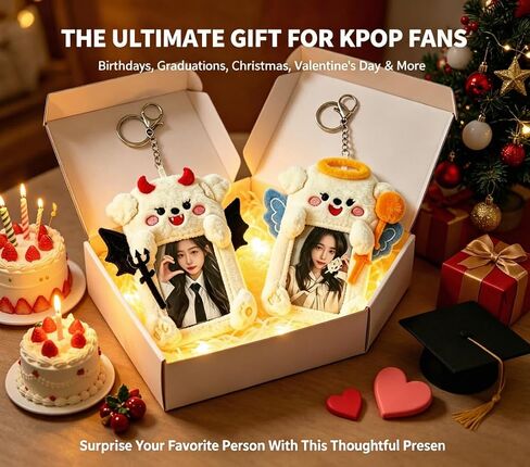 Photocard Holder, 2 Pack Angel & Devil Puppy Pair, Plush Photo Card Keychain, Clear Protective Sleeve, 3 Inch Size, Dual Hanging Clasps for Kpop Fans Backpack Charm Gift Concert in Saudi Arabia