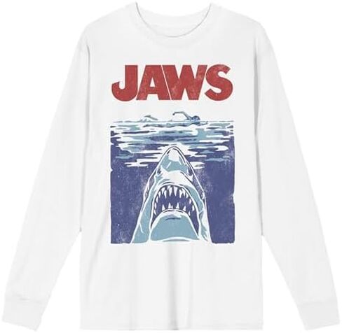Jaws Vintage 3-Color Iconic Poster Adult White Crew Neck Long Sleeve Shirt-XL in Kuwait